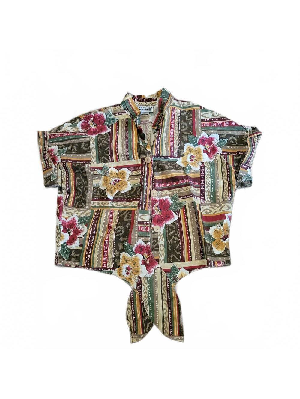 Connections neutral retro Hawaiian button up short sleeve crop top womens Size M